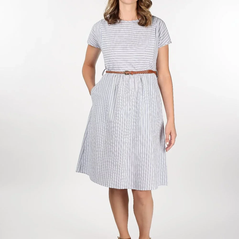 Breastfeeding Dress Cotton Gray Stripe Knee Length with Pockets and Zippers - Picture 4 of 7